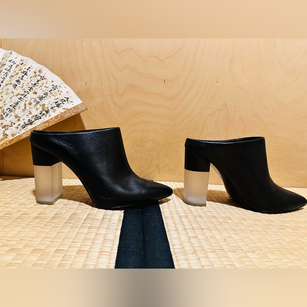 SOLD Pour La Victoire Black Leather Lucite-Heel Mules — Size 8